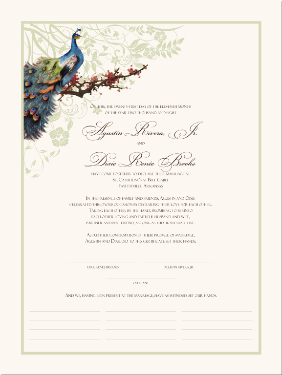 Bird Themed Peacock Wedding CertificatesQuaker Marriage CertificatesCustom