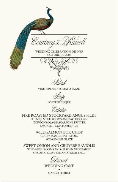 Bird Themed Peacock Wedding Menu CardsVintage Monogram Menu CardsSpecial 