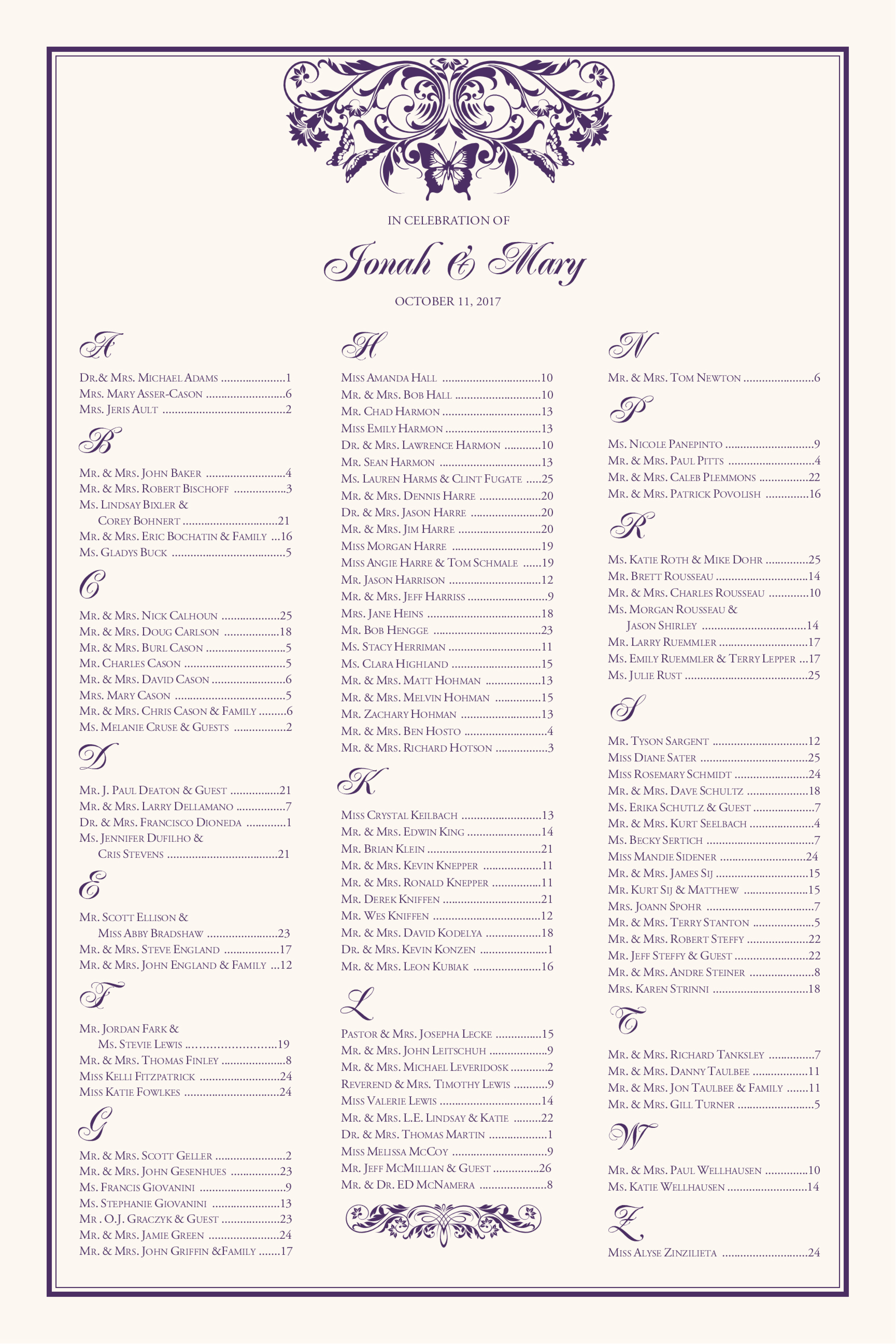 Wedding Seating Chart Butterfly Chrysalis Border