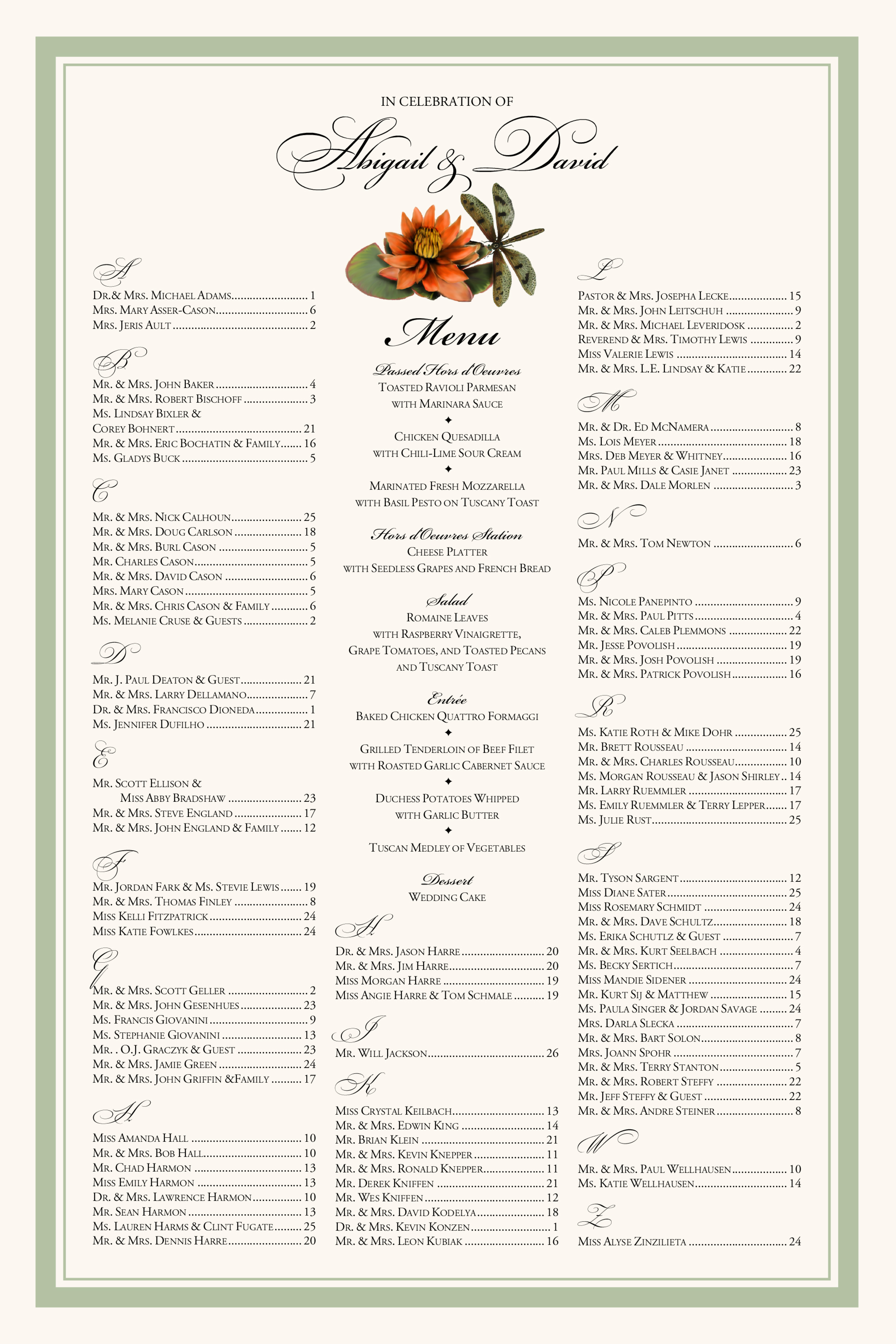 Wedding Seating Chart Lotus Dragonfly Flower Floral Border Illustration