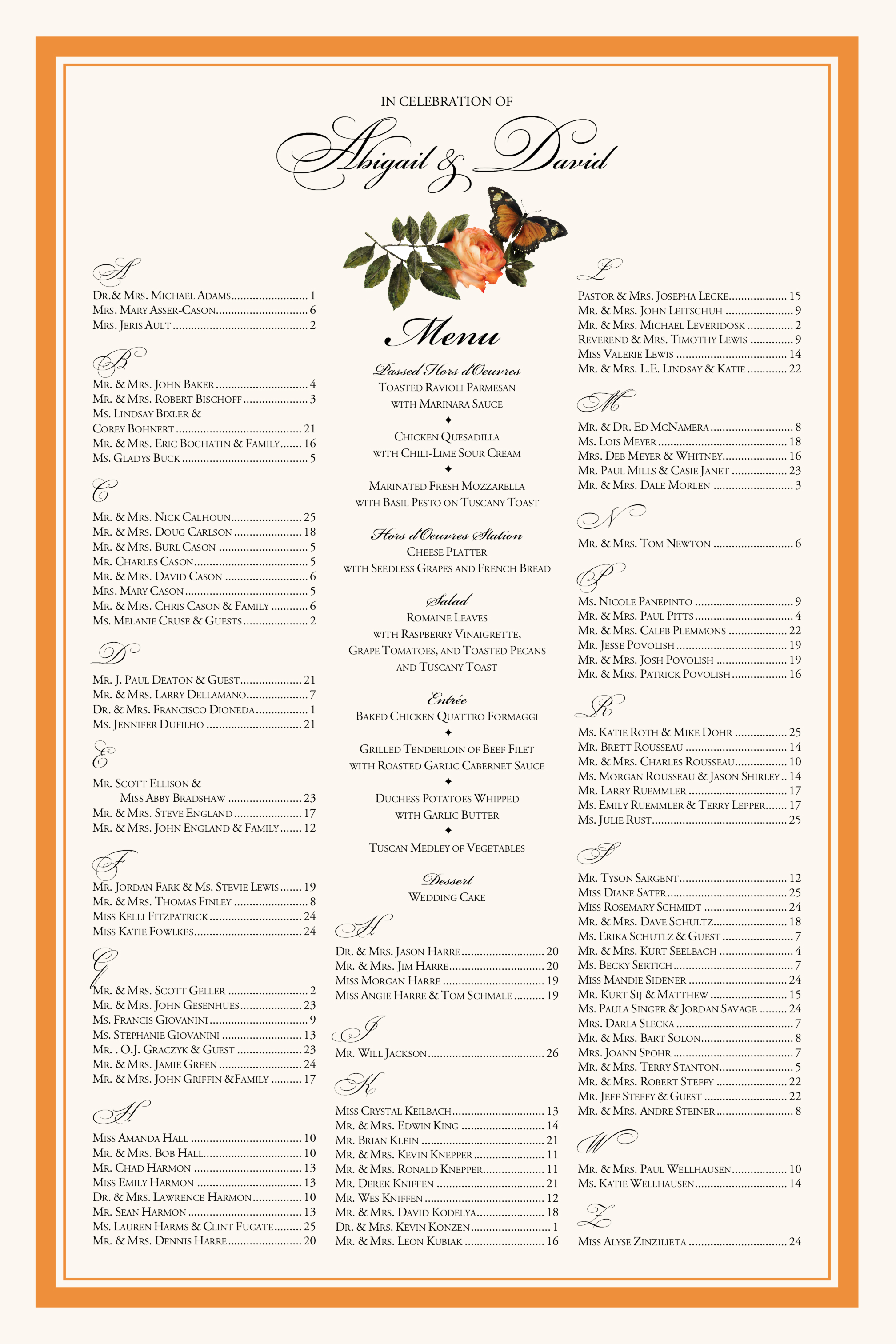 Wedding Seating Chart Peach Rose Floral Flower Monarch Butterfly 