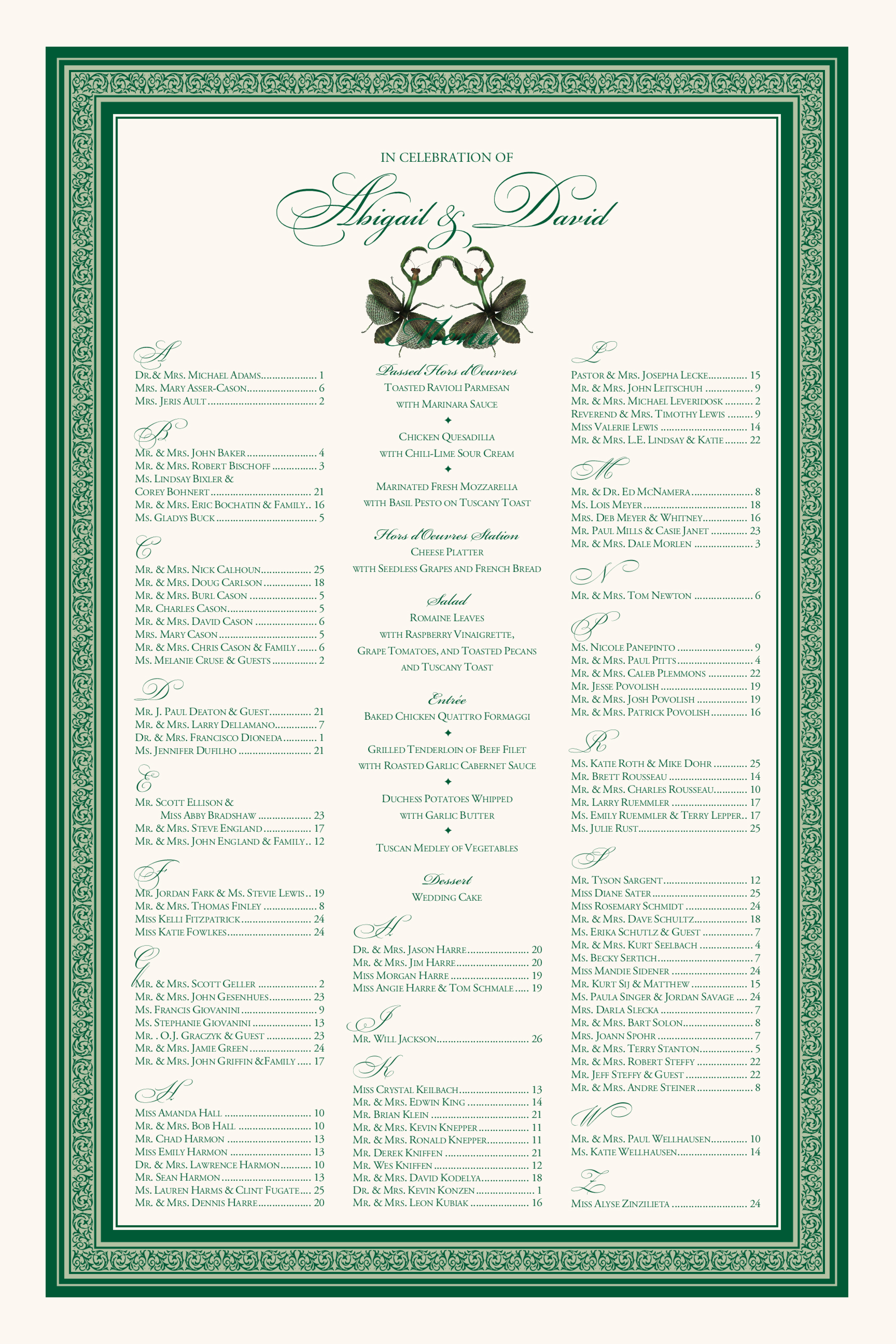 Wedding Seating Chart Praying Mantis Dance Insect Illustration Border