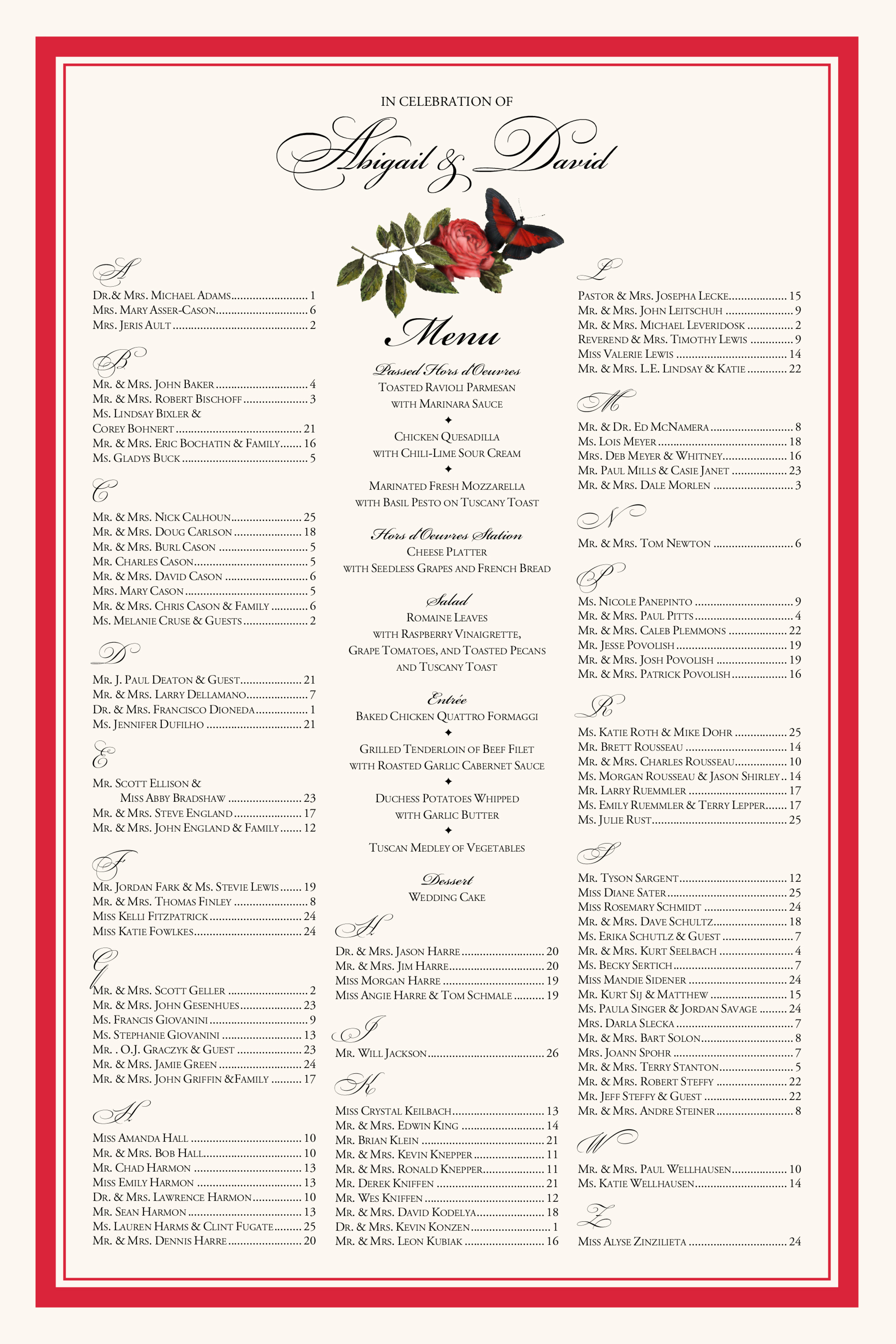 Wedding Seating Chart Red Scarlet Butterfly Illustration Border