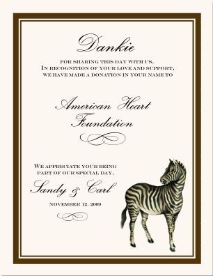 Zebra Donation Favor Card