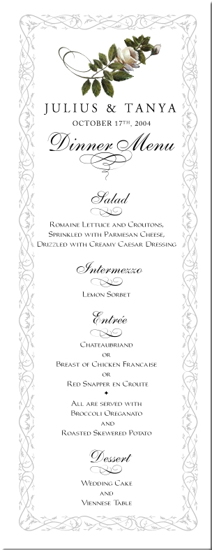 White Rose Swirl Celtic Leaf 2 Border Menu Card