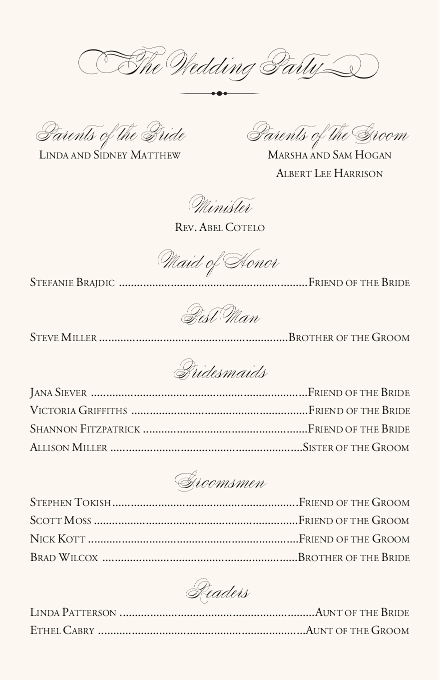 Pears Themed Wedding Program ExamplesWedding Program WordingWedding