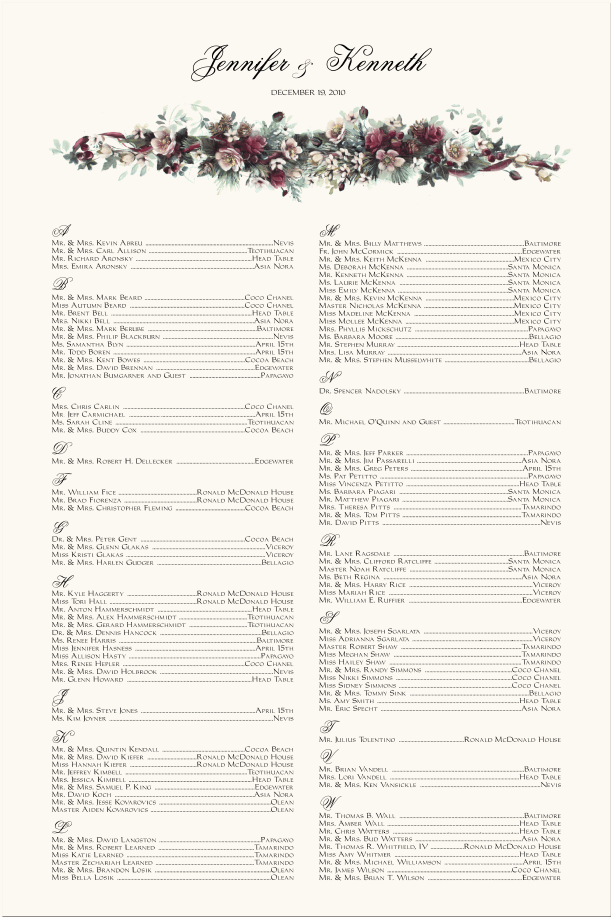 Holiday Flowers Seating ChartWinter Wedding Seating ChartHoliday Guest 