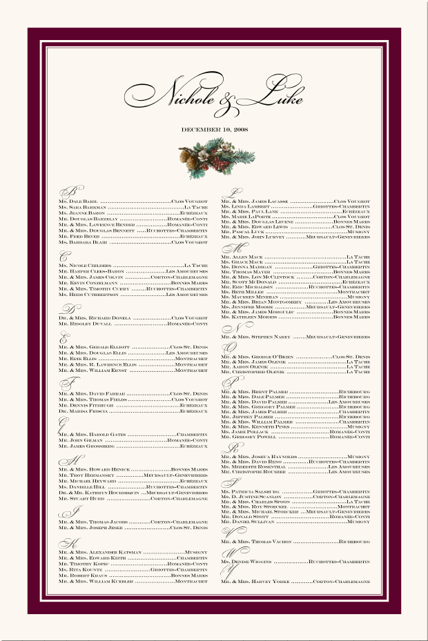 winter wedding seating chart ideas