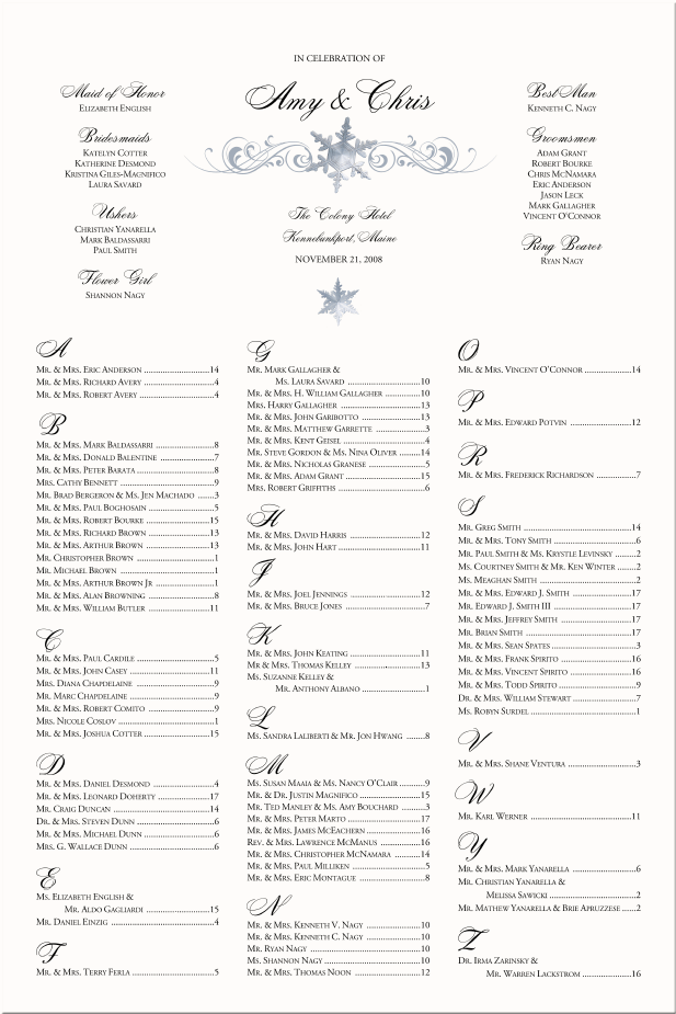 December WeddingSnowflake Theme Seating ChartWinter Wedding Seating