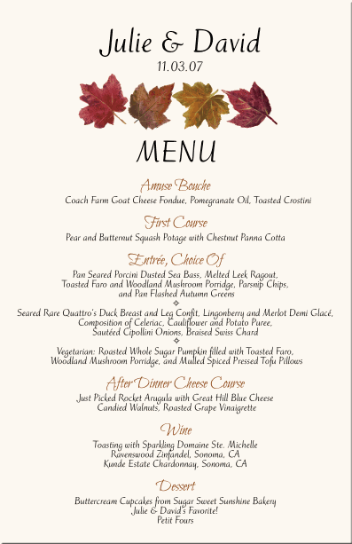 Fall Wedding Menu Cards Autumn Theme Wedding Menu Cards Fall Wedding 