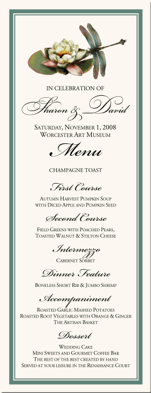 Waterlily And Dragonfly Designs Butterfly Themed Wedding Menu Cards 