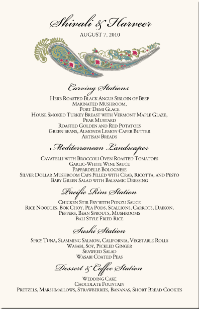 Paisley Buddhist Hindu Wedding Menu Cards Indian Menu Card Designs