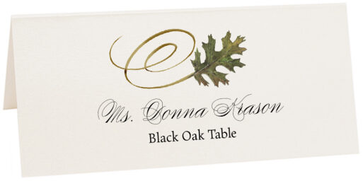 Photograph of Tented Black Oak Swirly Leaf Place Cards