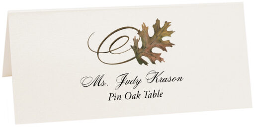 Photograph of Tented Pin Oak Swirly Leaf Place Cards