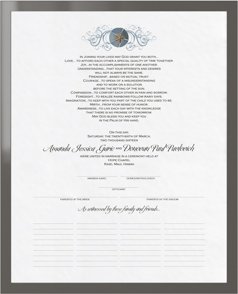 Photograph of Blue Sand Dollar Wedding Certificates