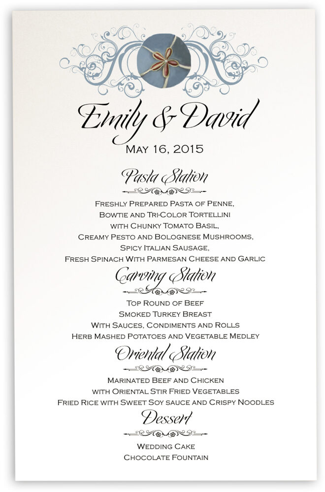 Photograph of Blue Sand Dollar Wedding Menus