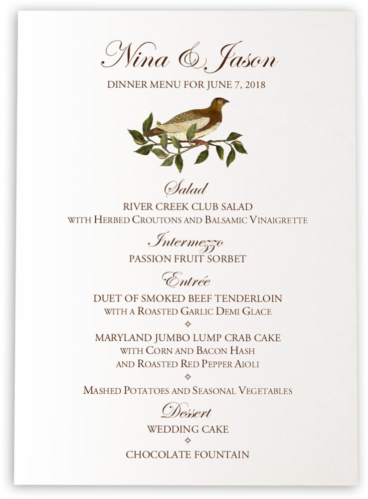 Photograph of Brown Birds Wedding Menus