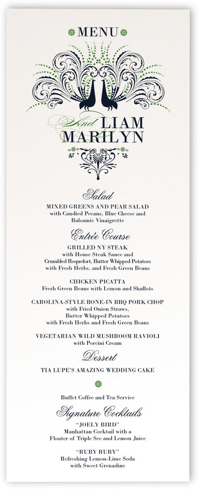 Photograph of Passionate Peacock Wedding Menus