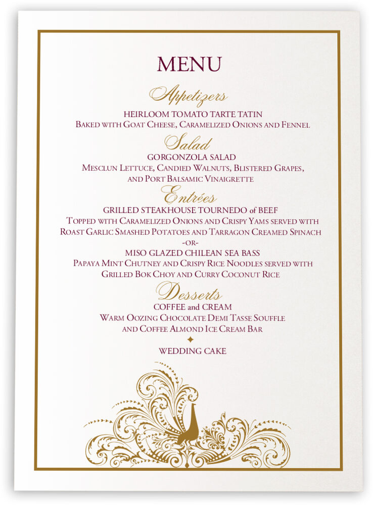 Photograph of Pompous Peacock Wedding Menus
