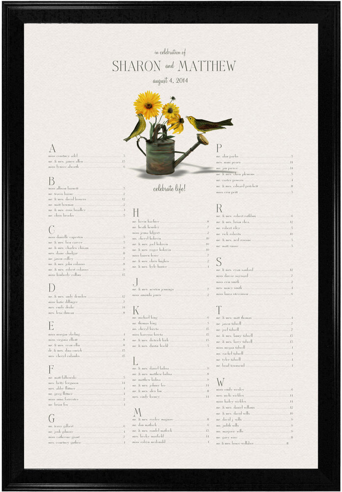 Photograph of Sunflowers, Watering Can & Yellow Birds Seating Charts