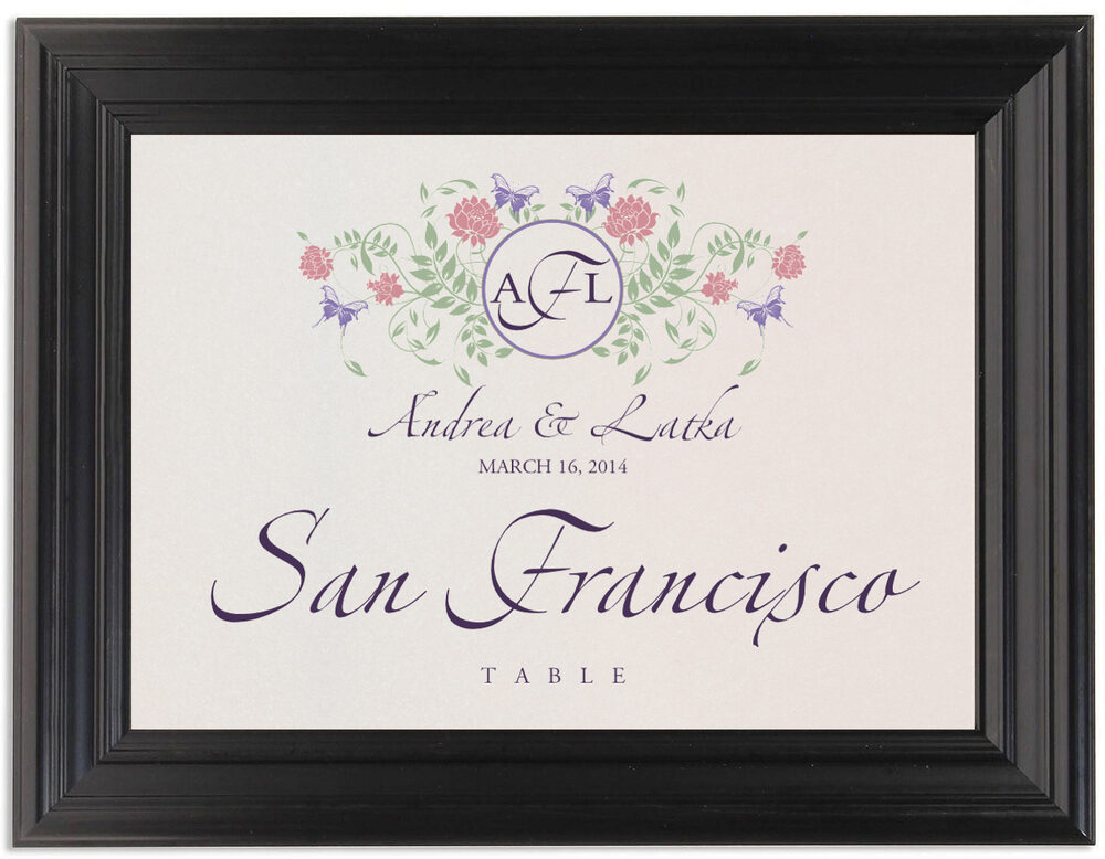 Framed Photograph of Butterfly Kisses Table Names