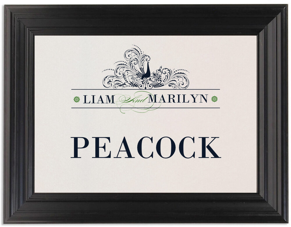 Framed Photograph of Pompous Peacock Table Names
