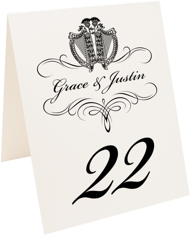 Photograph of Tented Harp and Thistle Flourish Table Numbers