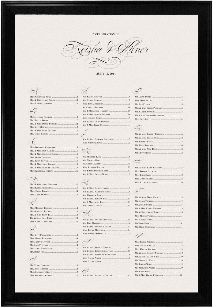 Photograph of Poem Script Monogram Seating Charts