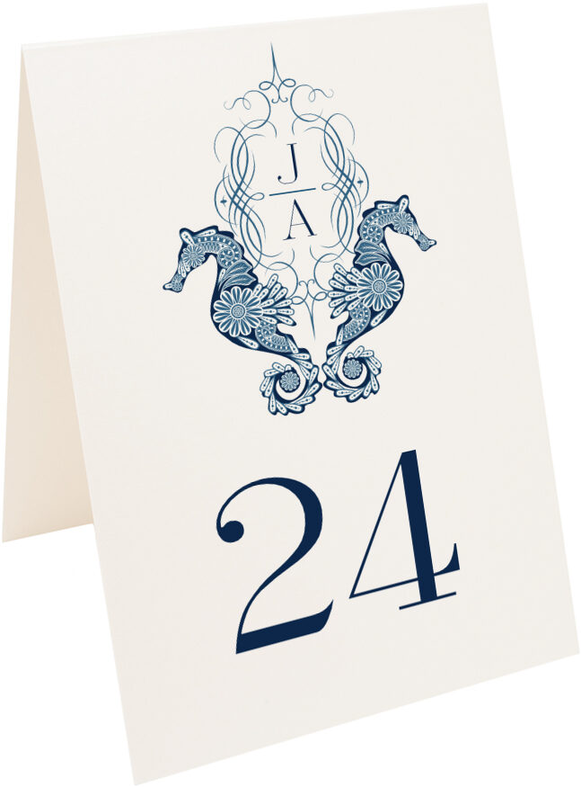 Photograph of Tented Paisley Seahorse Monogram Table Numbers