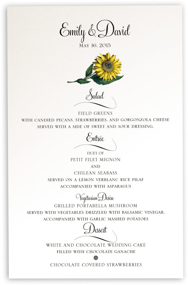Photograph of Sunflower Wedding Menus