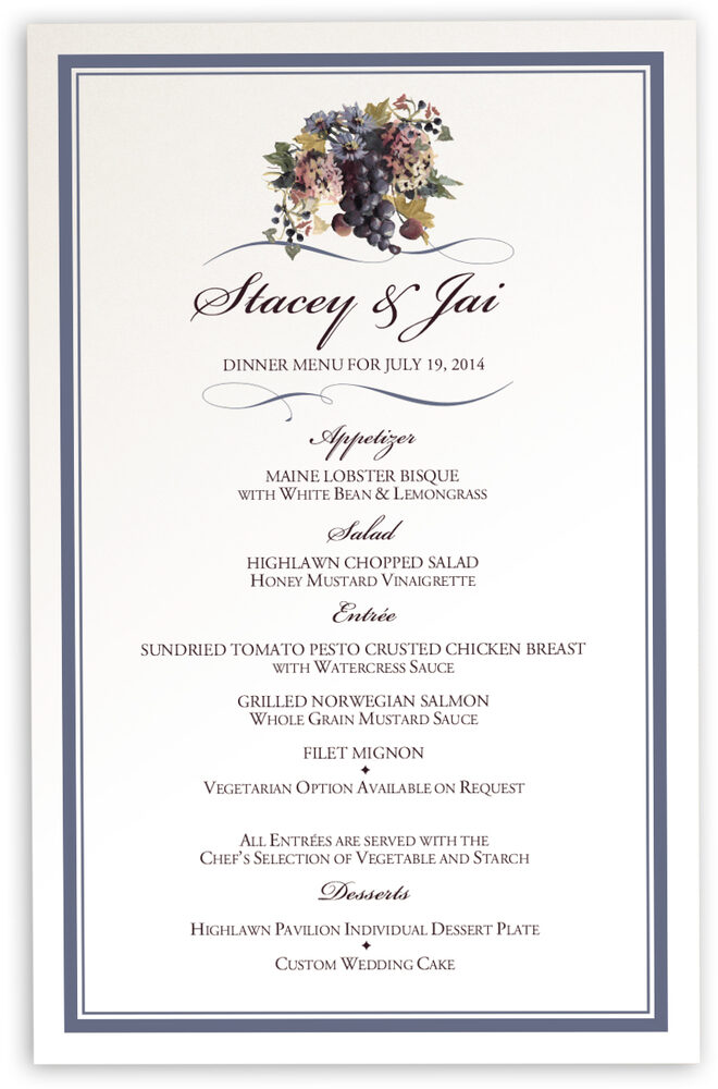 Photograph of Blue Grapes and Chicory Wedding Menus