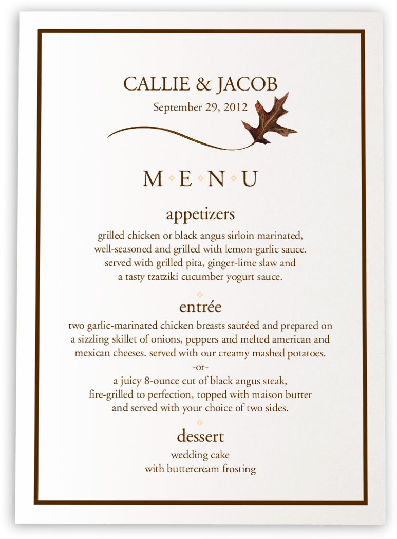Fall Wedding Menu Cards Menu Card Custom Design for Wedding Reception