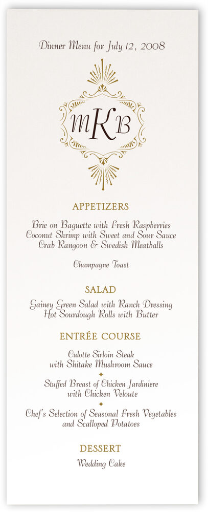 Photograph of Carmine Tango Monogram Wedding Menus