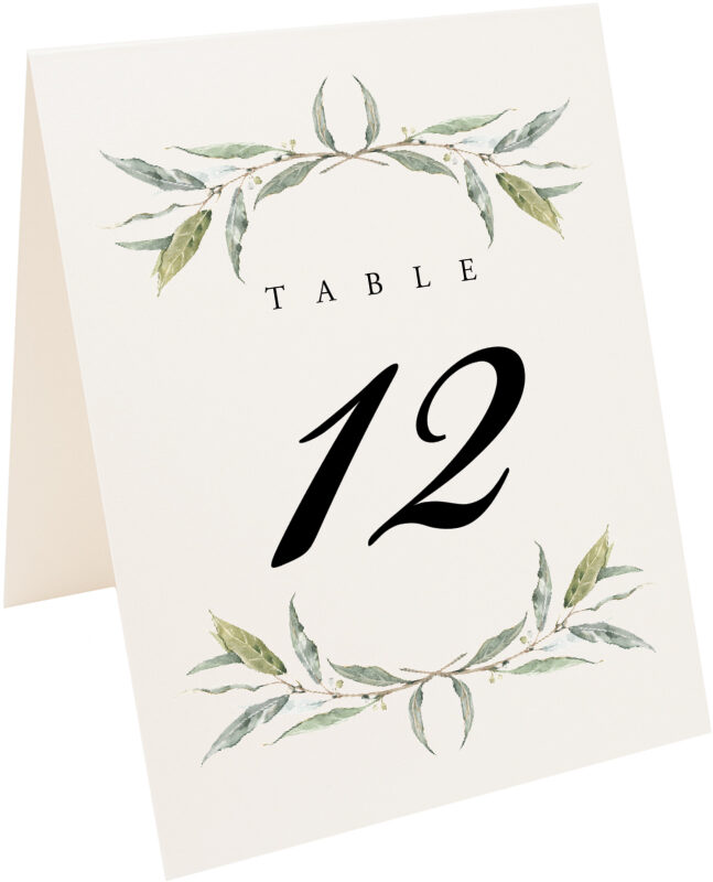 Photograph of Tented Laurel Wreath and Greenery Table Numbers