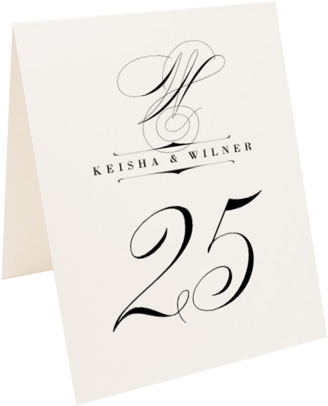 Photograph of Tented Poem Script Monogram Table Numbers