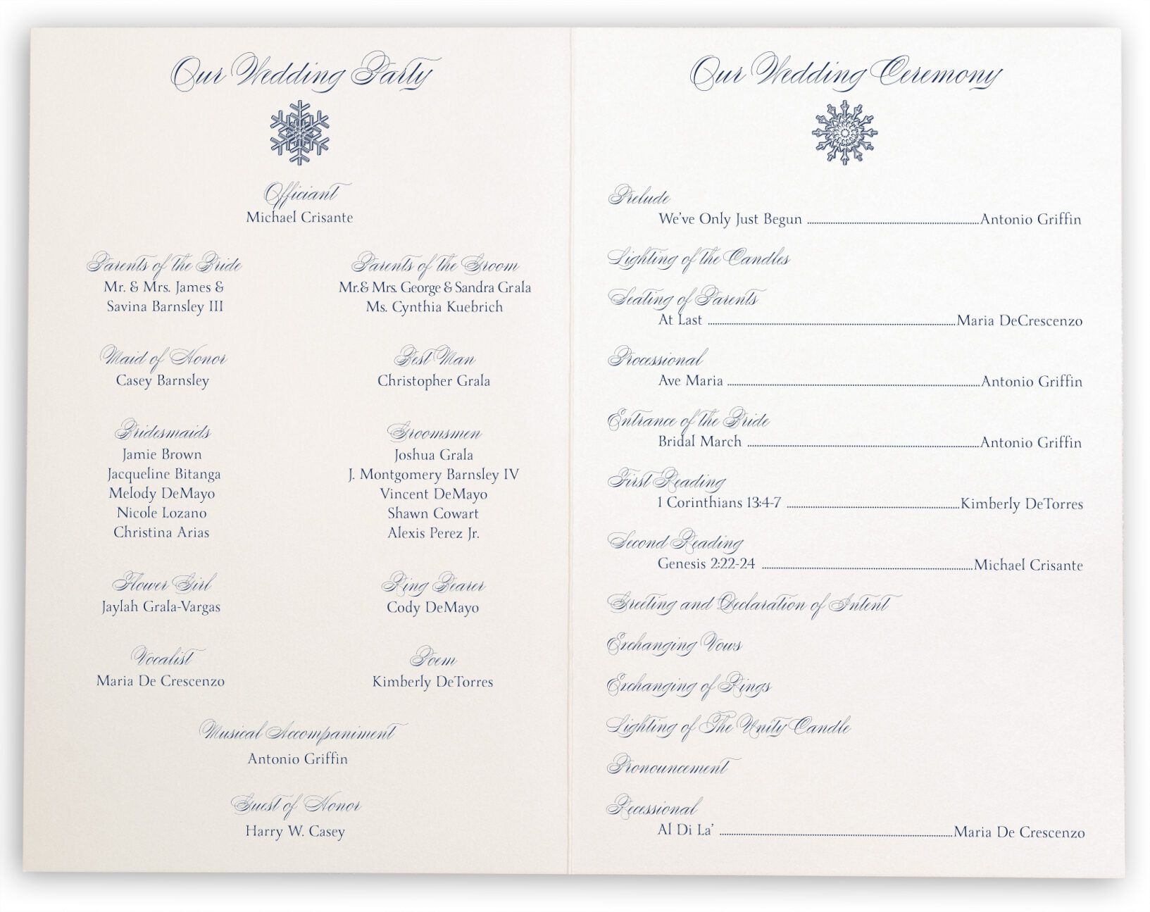Custom Winter Snowflake Drawings Pattern Wedding Programs With