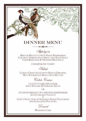 Asian Peace Birds Menus