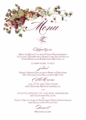 Berries and Peach Roses Menus