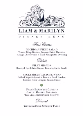 Pompous Peacock Menus