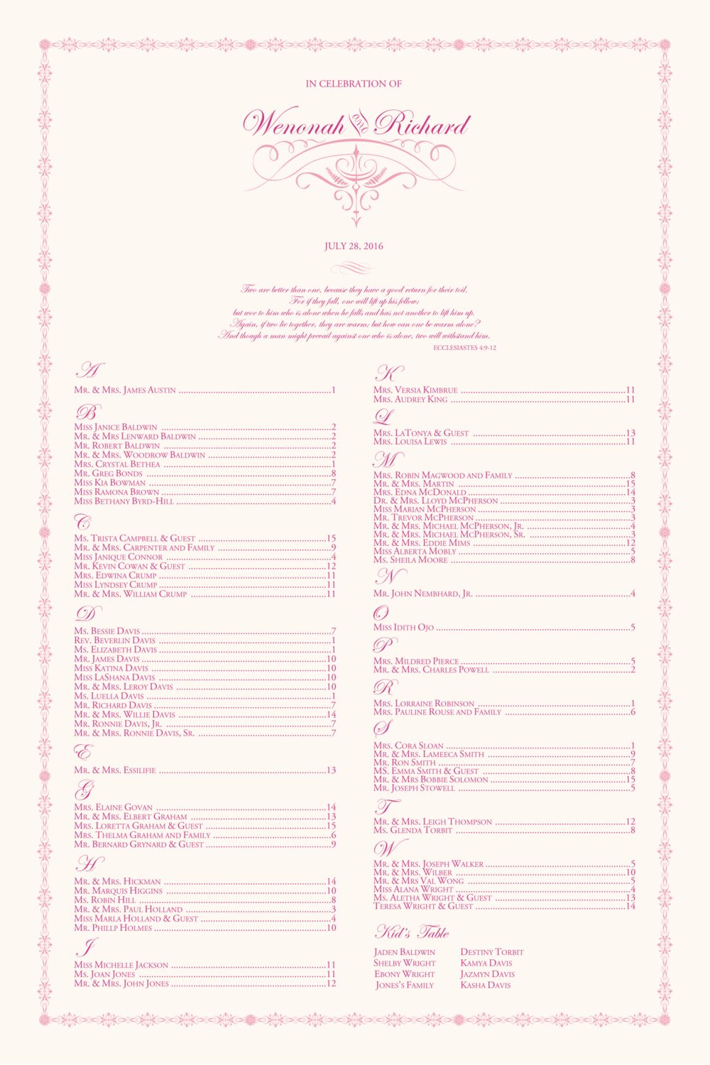 A Kiss Goodnight Contemporary and Classic Wedding Seating Charts