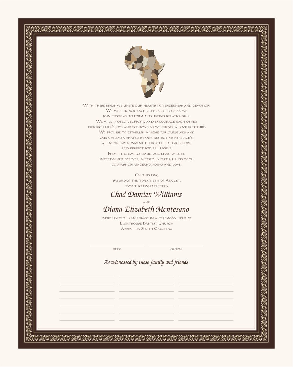Map of Africa Africa-Inspired Wedding Certificates