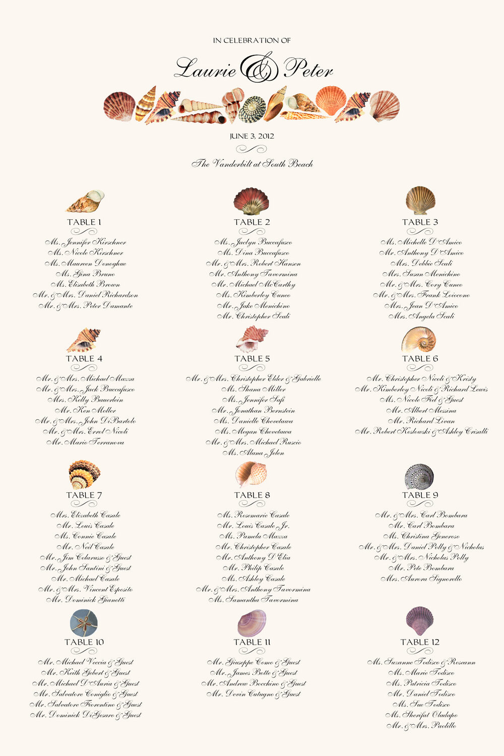 Assorted Seashell Beach and Seashell Wedding Seating Charts