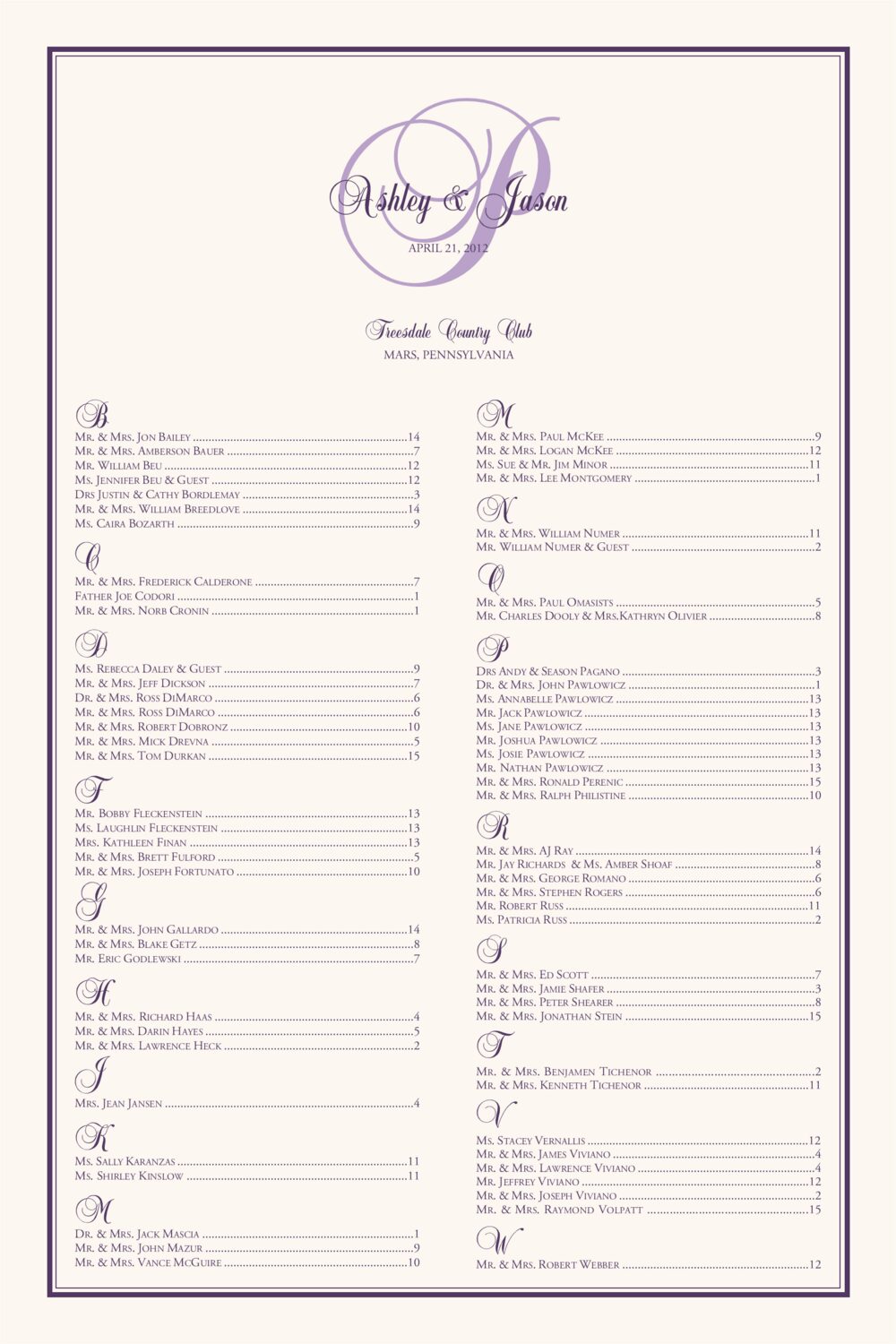 Bailly Watermark Monogram Contemporary and Classic Wedding Seating Charts