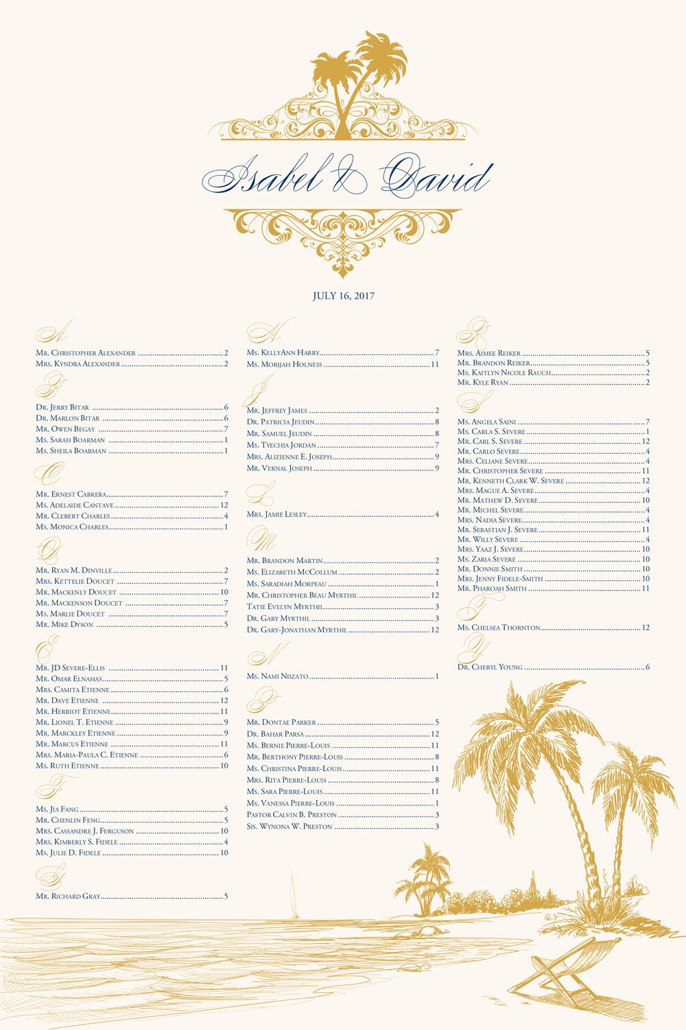 Beach Palms Beach and Seashell Wedding Seating Charts