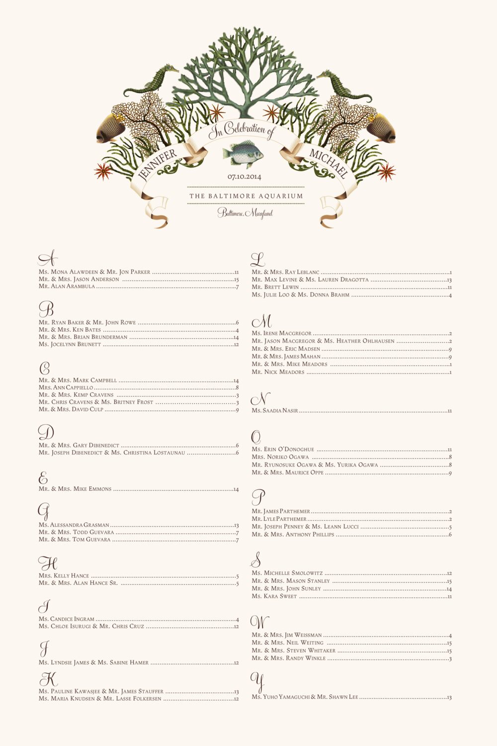 Ocean Garden Beach and Seashell Wedding Seating Charts