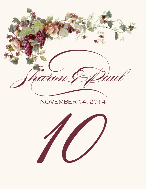 Berries and Peach Roses Fruit and Grape Table Numbers