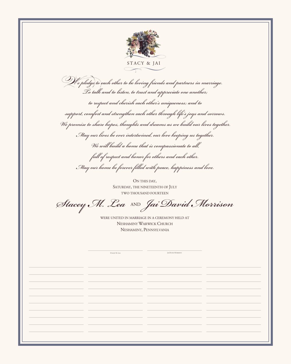 Blue Grapes and Chicory Leaves, Flowers, Vineyard & Grapes Wedding Certificates