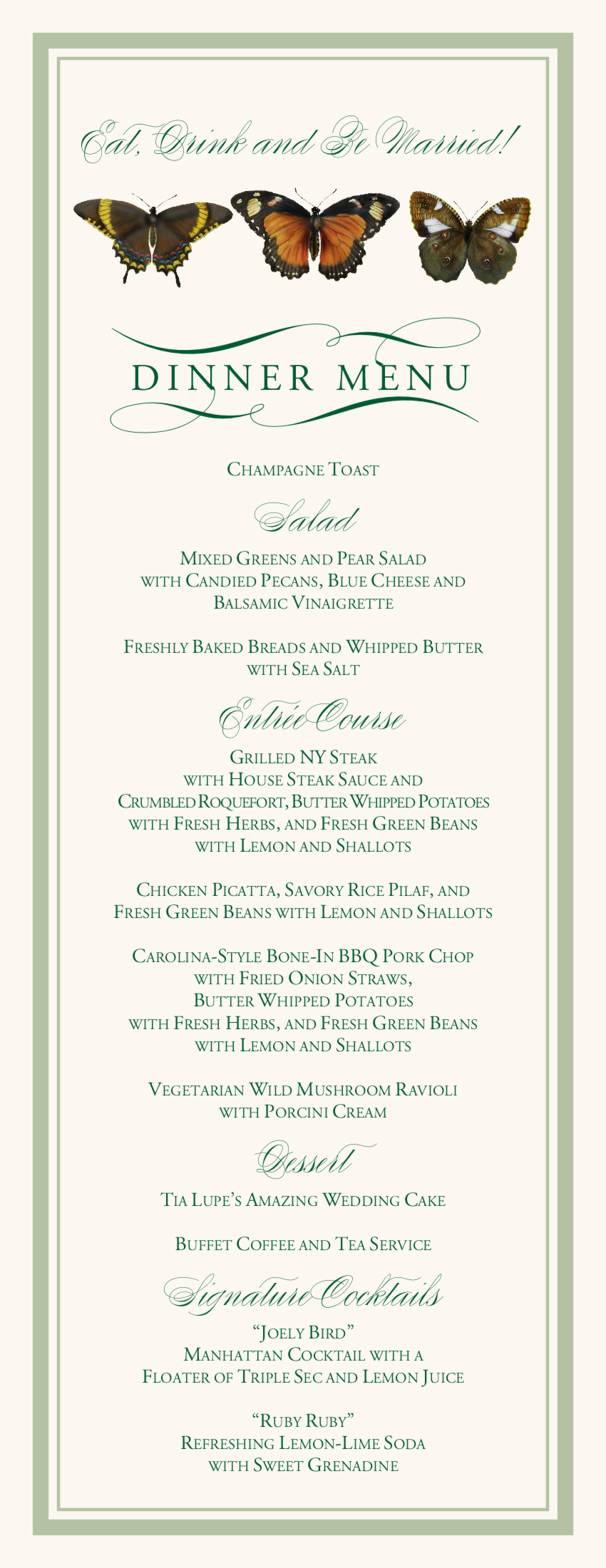 Butterfly Ballet Birds and Butterflies Wedding Menus