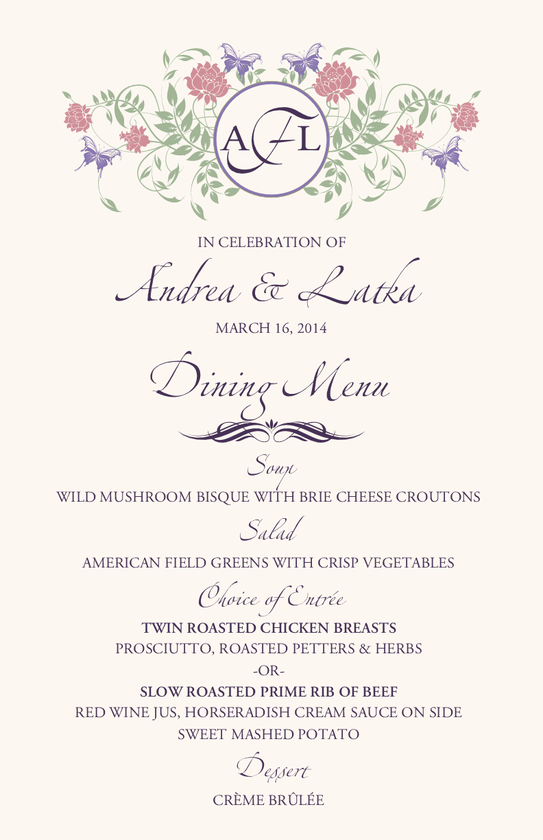 Butterfly Kisses Birds and Butterflies Wedding Menus