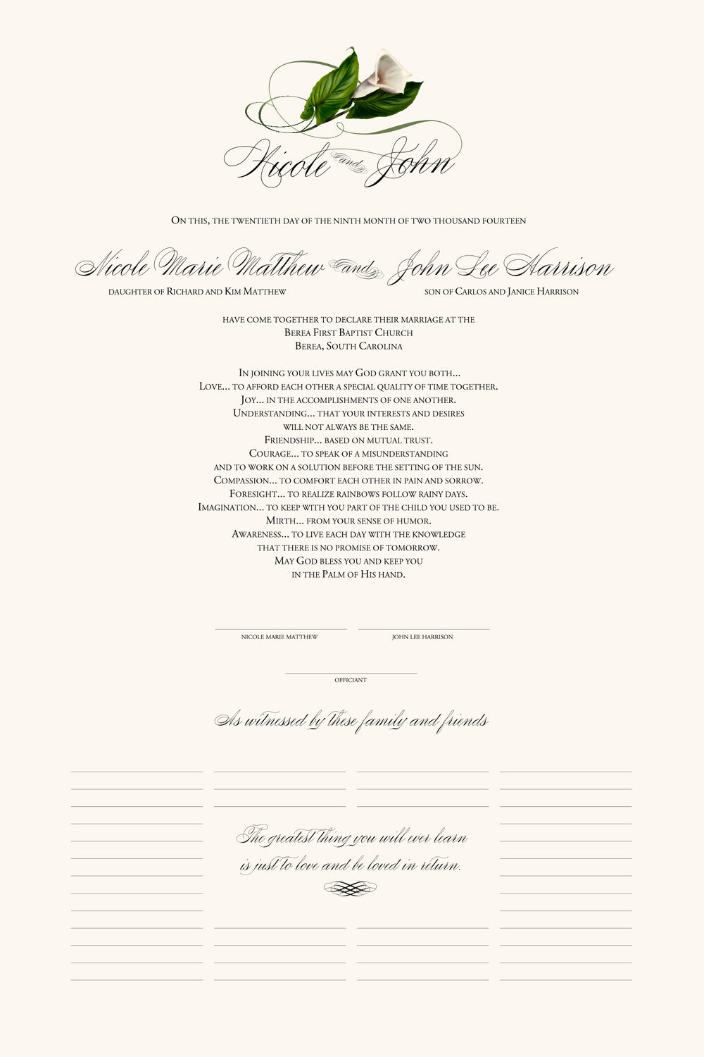 Calla Lily Swirl 01 Flower Wedding Certificates